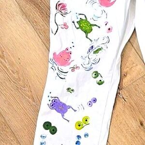 Hand Painted White Jeans 32 Granola Boho Hippie Cottage Nature Artsy Frogs Bugs